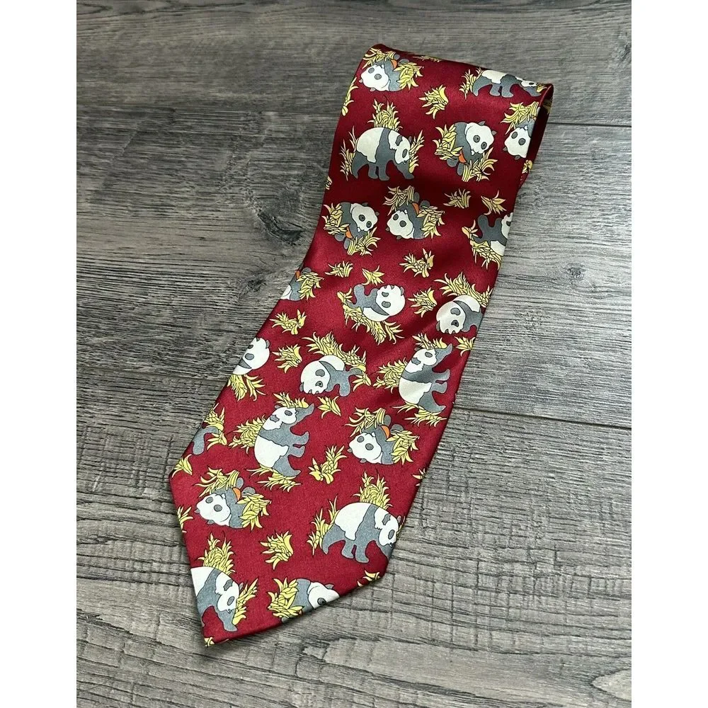 Kai Long  Panda Tie 100% Silk Hand‎ Made Burgundy Neck Tie
